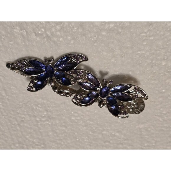 Silver Tone Butterfly Hair Clip Barrette Purple & Blue Gemstone Accents Elegant - Picture 3 of 4